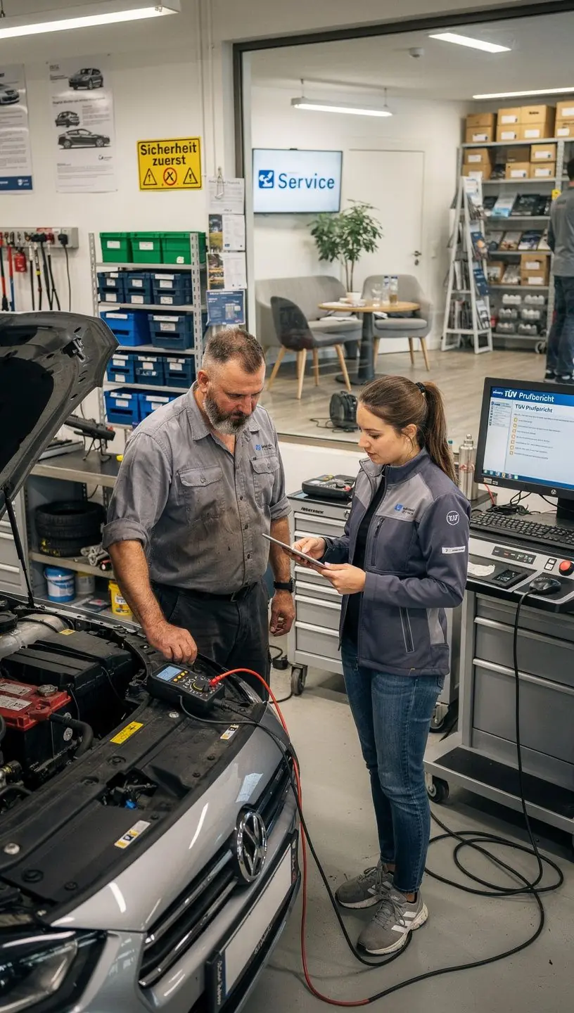 Moderne Werkstattausrüstung und Diagnosegeräte in einer deutschen Autowerkstatt für präzise Fahrzeugkontrolle
