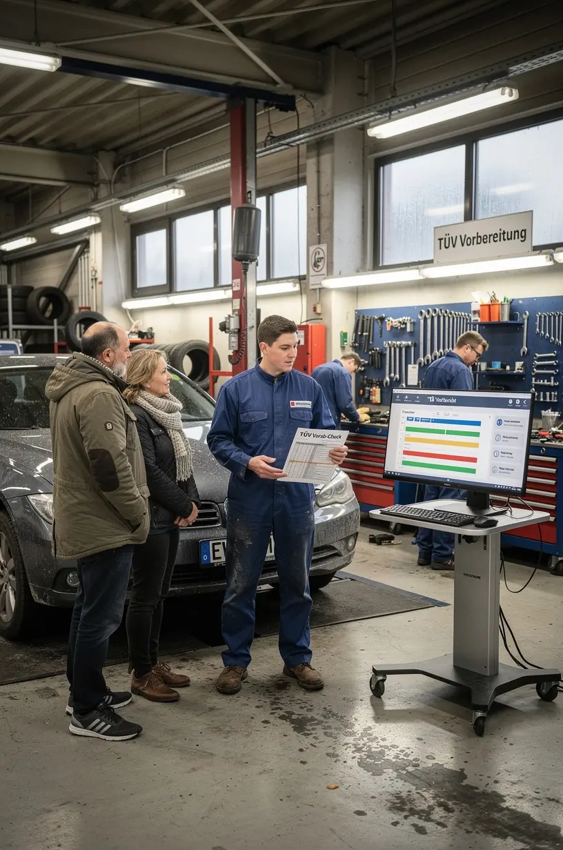 Erklärende Grafik einer TÜV-Prüfliste mit Hinweisen zur Vermeidung von Nachprüfungen und Terminproblemen